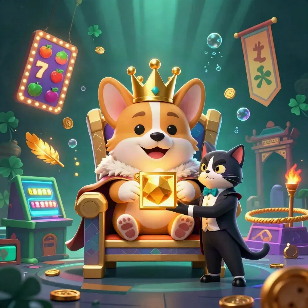 Royal corgi on chip throne with cat butler, casino relics, glowing teal-violet lights