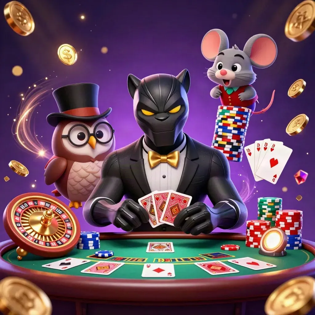 Panther, owl, and mouse in neon casino art with chips, coins, and a glowing roulette wheel.