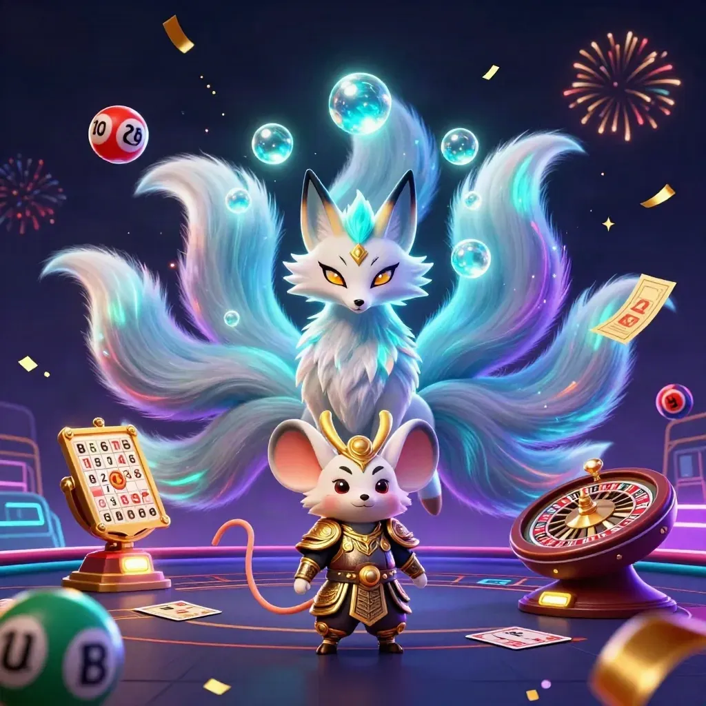 Nine-tailed fox spirit and samurai mouse amid casino reels, balls, cards, and neon gold sparks.