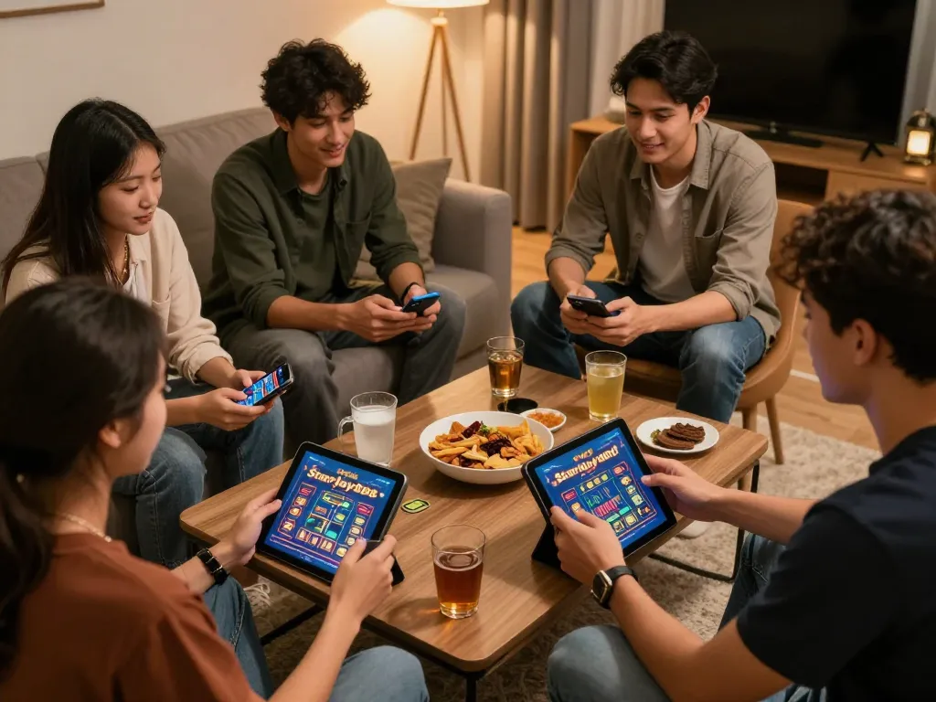 Teman-teman menikmati permainan kasino online di aplikasi starplay88 dari rumah, menunjukkan strategi dan kesenangan.