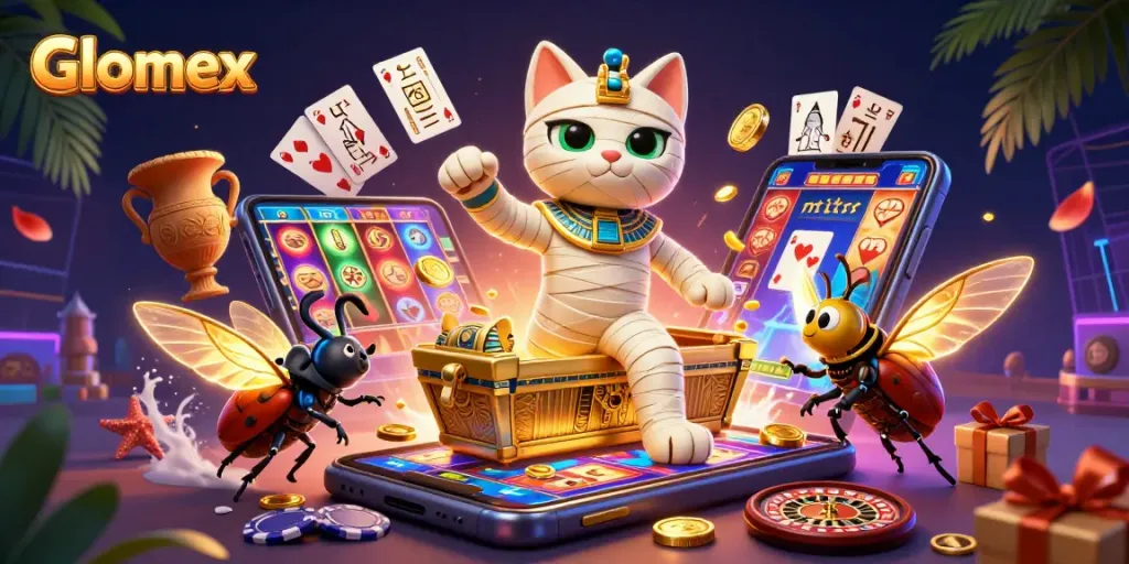Glomex reveals thrilling mobile casino action with a vivid illustration of a 3D mummy cat in a pyramid setting.