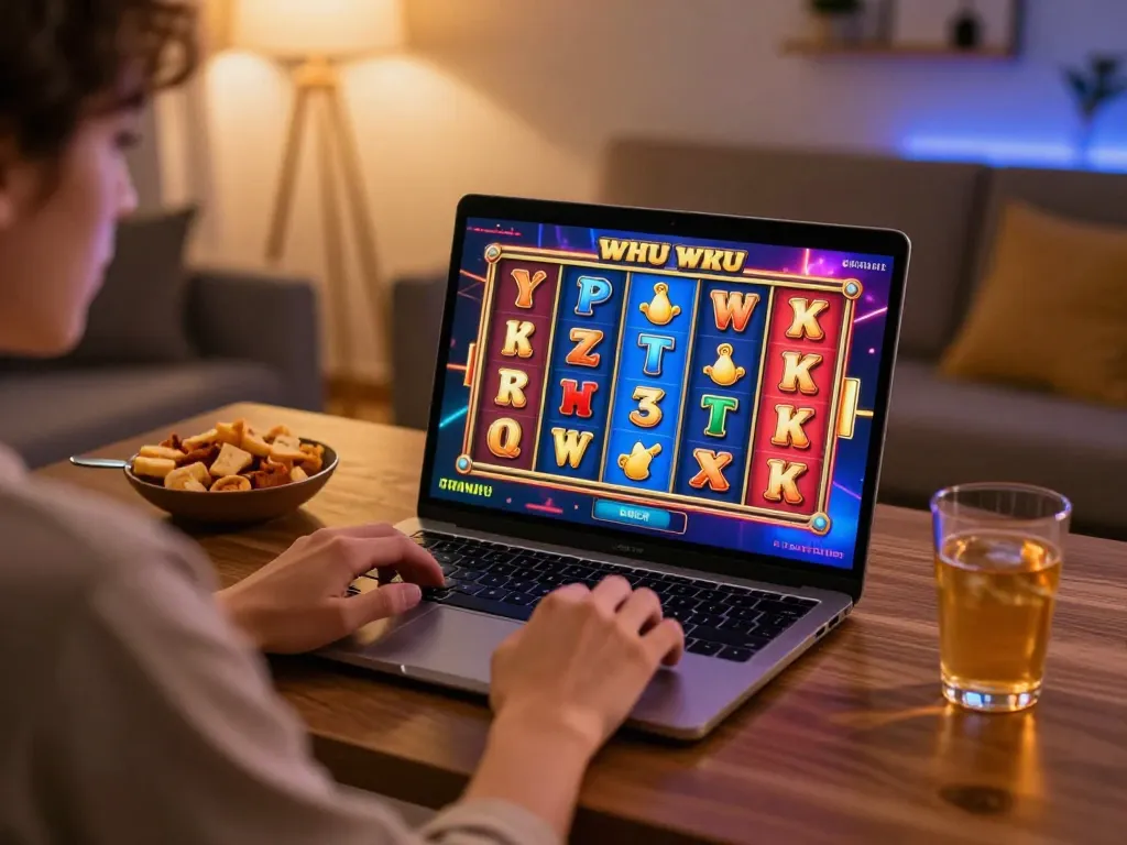 Engaging in an online slot online experience at home, player enjoying colorful reels and snacks.
