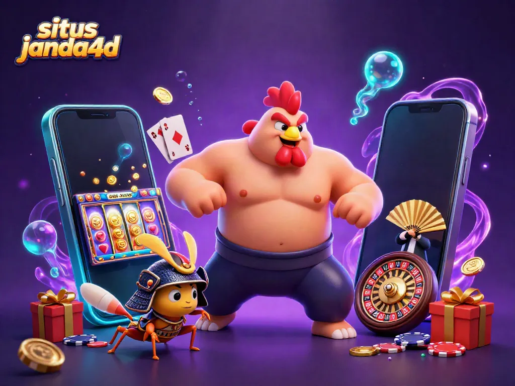 Gali situs janda4d dengan ilustrasi 3D penuh warna dari karakter kasino dan elemen permainan.