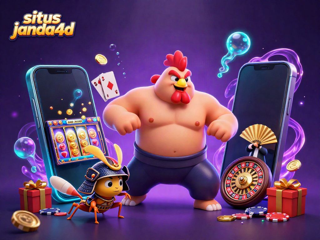 Gali situs janda4d dengan ilustrasi 3D penuh warna dari karakter kasino dan elemen permainan.