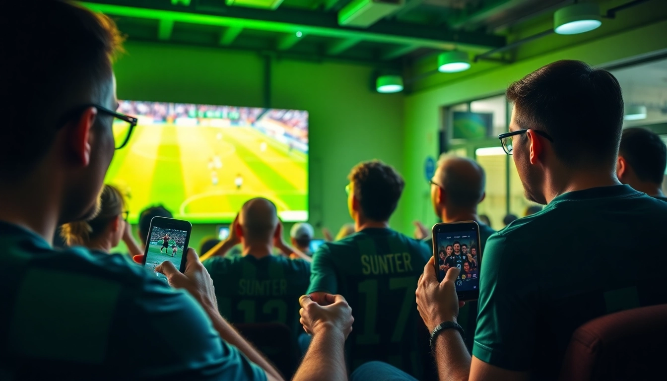 SOCOLIVE soccer fans enjoying a live match on multiple devices in a vibrant atmosphere.