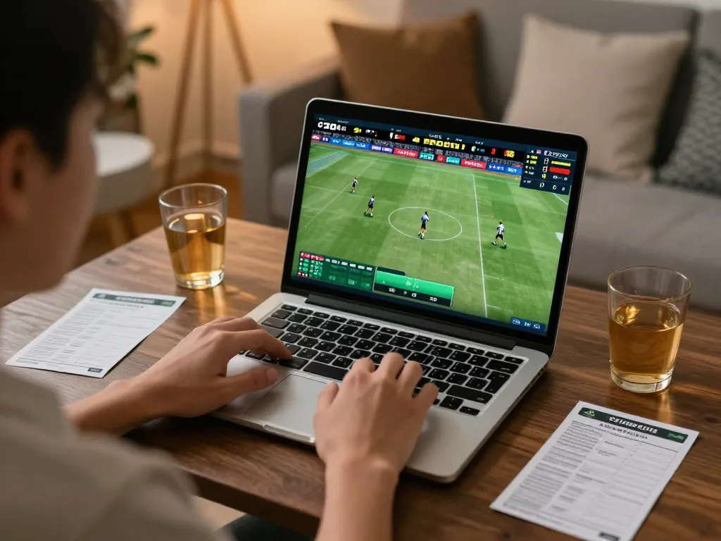Engaged in sports betting online at home with 789f nhà cái app on laptop.
