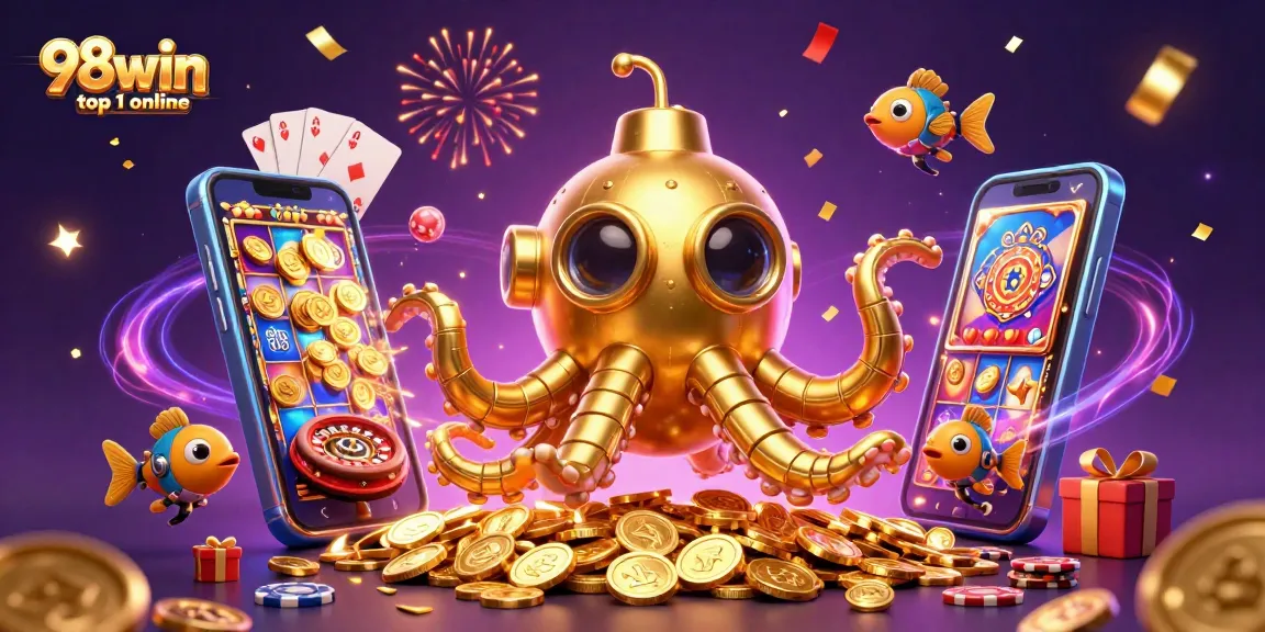 Experience the excitement of 98win top 1 online with a vibrant casino scene featuring a golden kraken submarine and game elements.