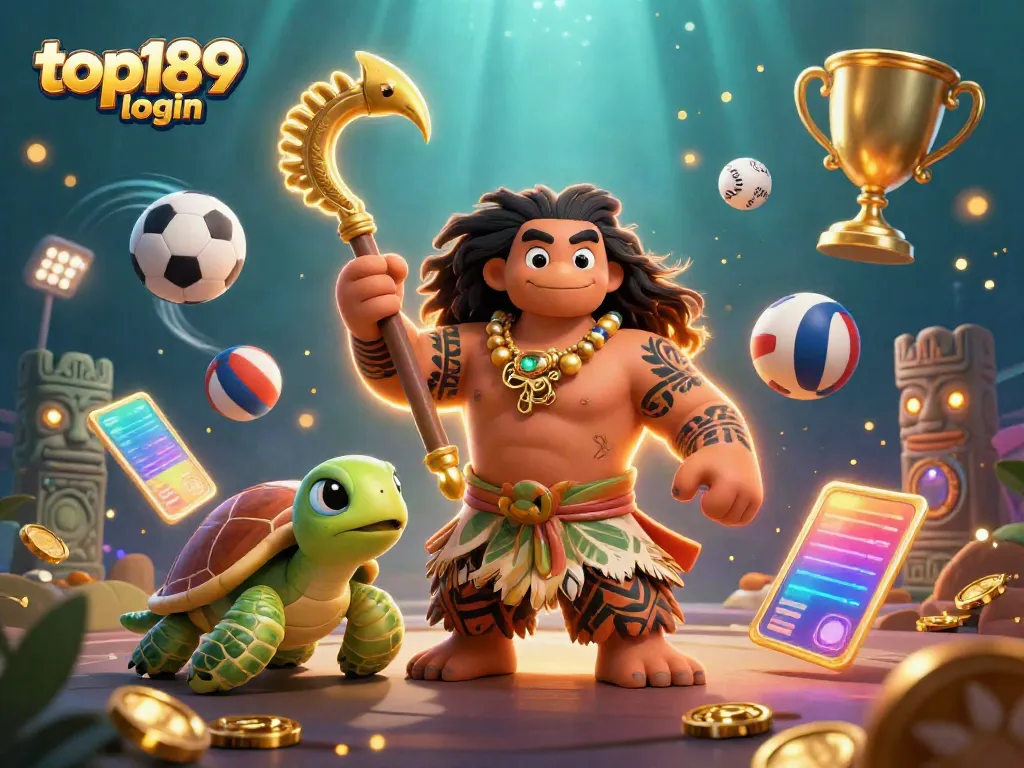 Experience the thrilling top189 login with vibrant casino scene featuring a demigod and sports elements.