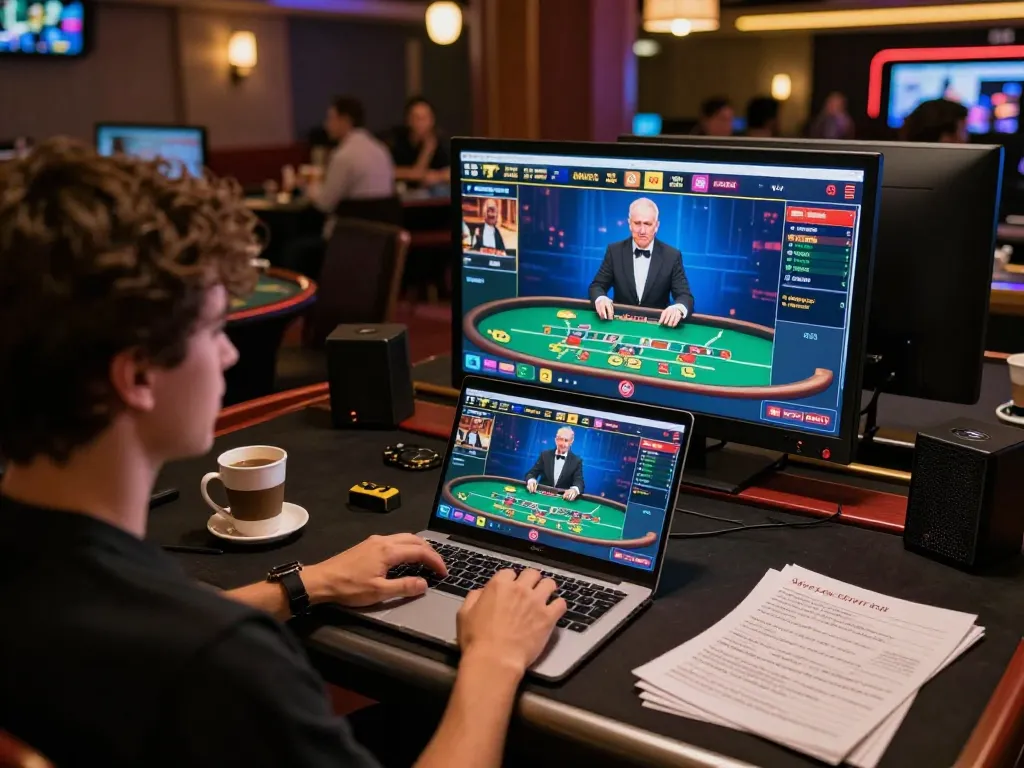 Engaging player using laptop at online casino, focusing on TR88 live dealer blackjack.