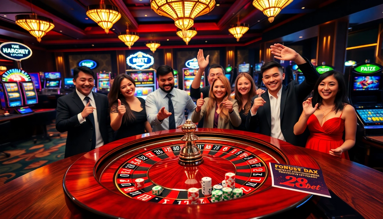 Exciting casino scene showcasing khuyến mãi 28bet with gamblers celebrating wins.