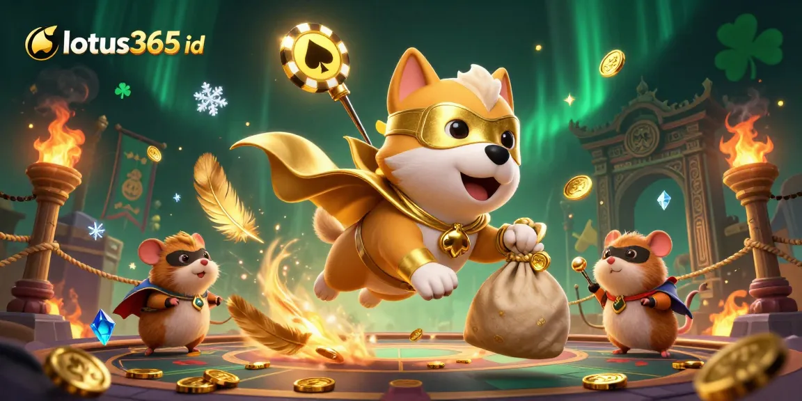 Win big with lotus365 id in a vibrant 3D illustration featuring a heroic dog and hamster.