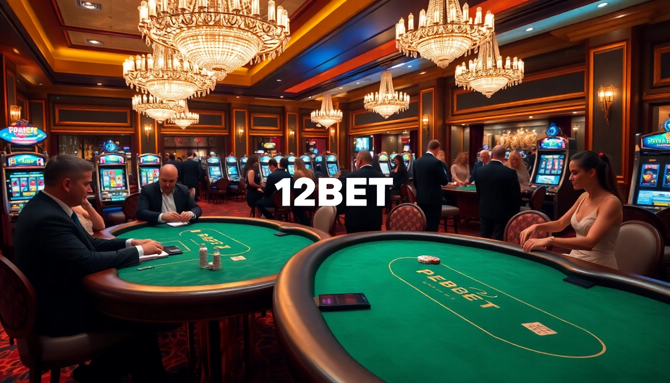 Experience thrilling gameplay at 12BET's luxurious casino featuring active poker tables and dynamic slot machines.