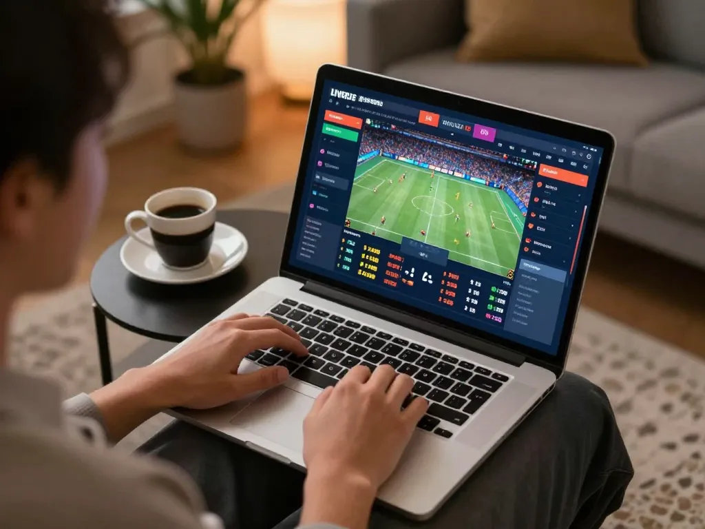 Engaged user analyzing nowgoal live sports scores and betting odds in a cozy home setting