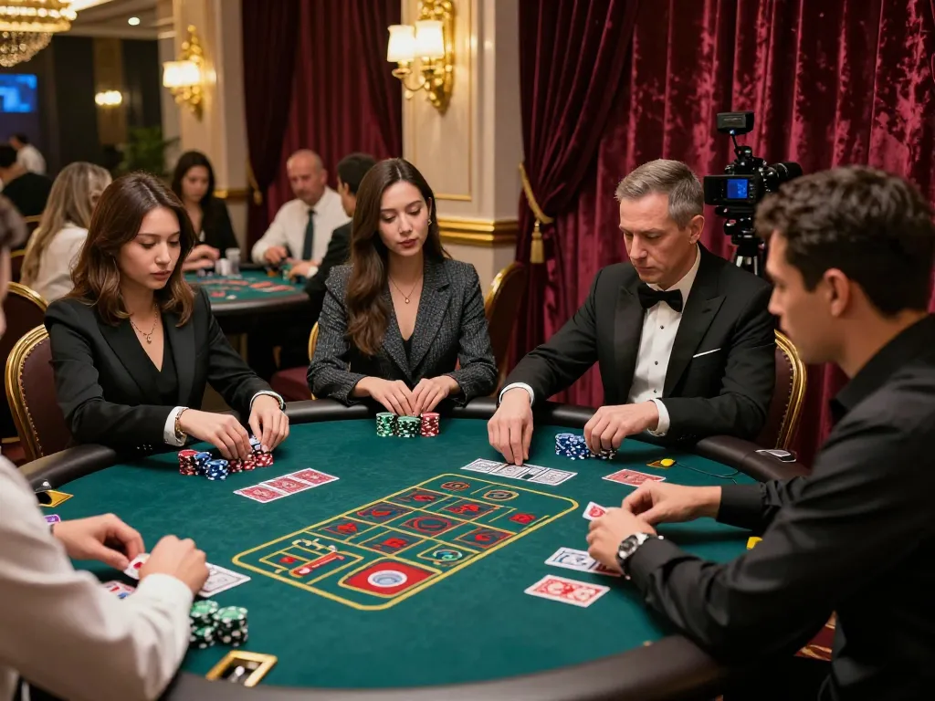 Engaged players enjoying their game at a TRX casino table, vibrant atmosphere and luxurious setting