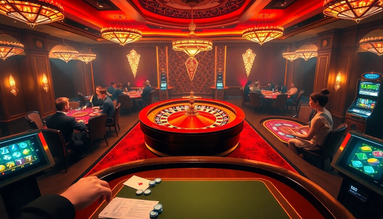 Experience the excitement of co88 with players immersing in poker and roulette at a luxurious casino.
