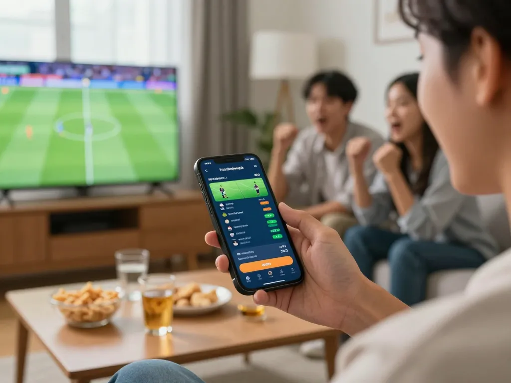 Betting on tructiepbongda through a smartphone while enjoying a live football match with friends.