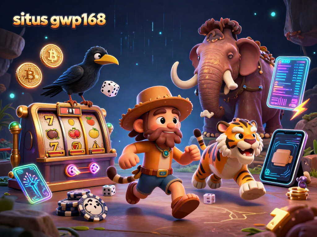 Gambarkan situs gwp168 dengan duo pria gua dan harimau sabertooth dalam kasino prasejarah, ditambah elemen slot dan crypto.