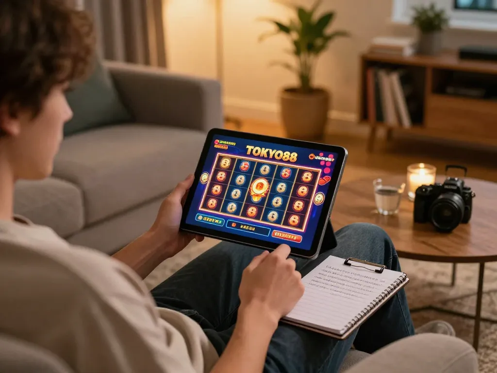 Pemain yang terlibat menikmati slot TOKYO88 di tablet, menunjukkan kegembiraan perjudian online.