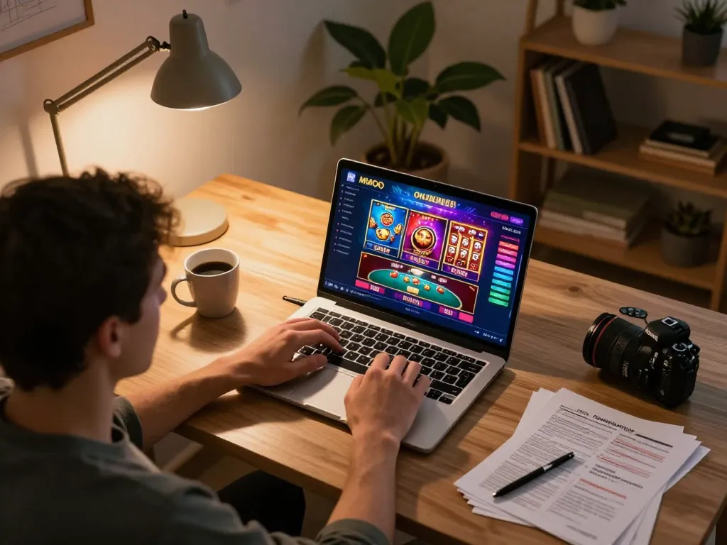 Engaging with MMOO online casino interface at home, showcasing interactive gameplay and responsible gaming.