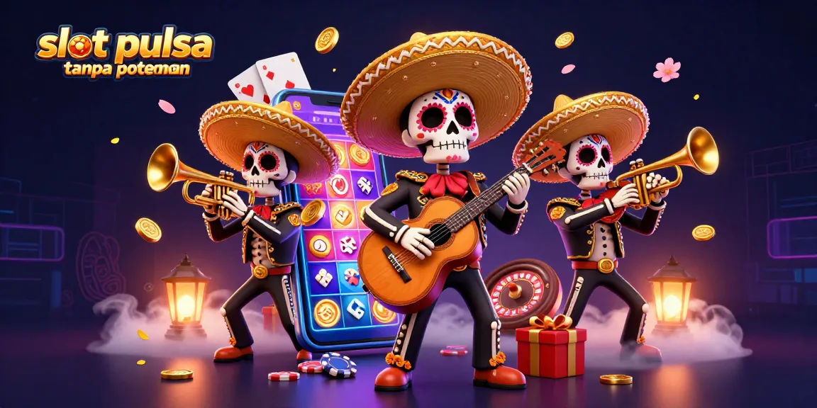 Experience thrilling wins with slot pulsa tanpa potongan! Colorful Mariachi band surrounded by jackpot elements.