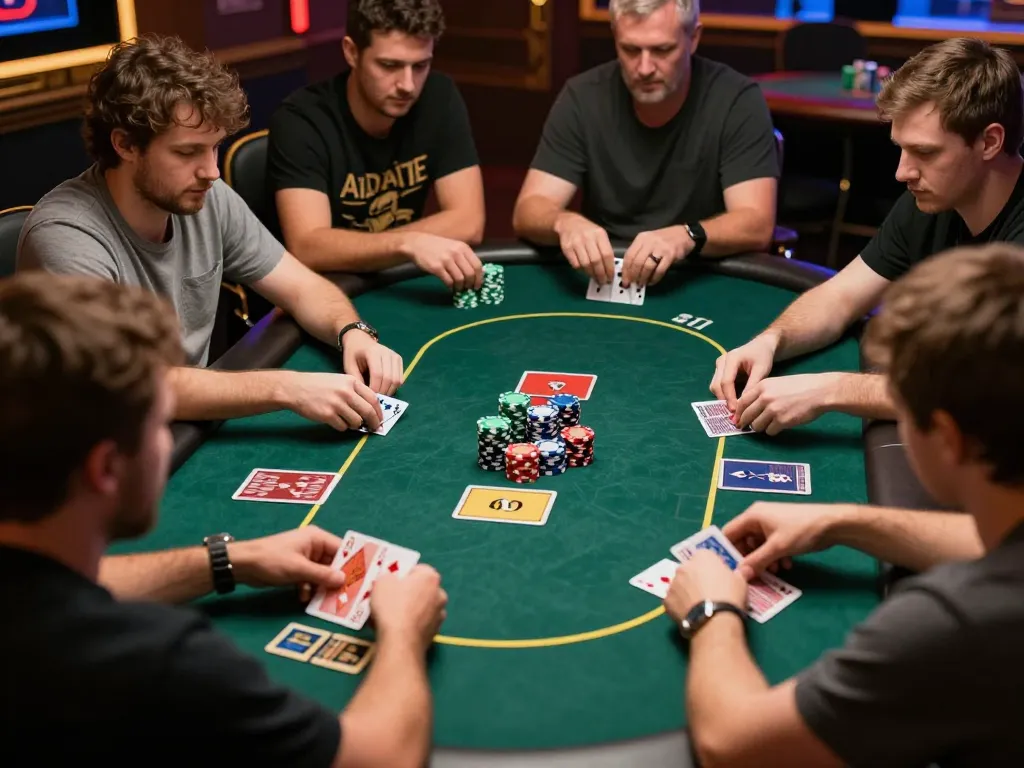 Players strategizing over cards during an exciting game on 98win com online casino platform