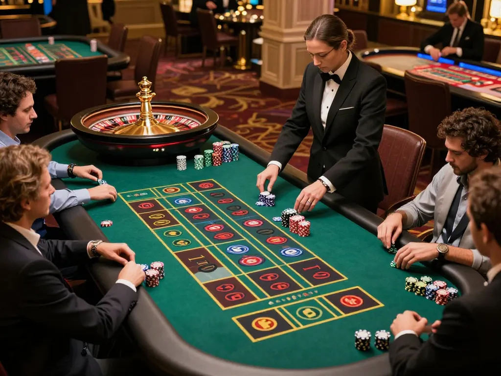 Live Casino gameplay at a roulette table with players eagerly placing bets and a dealer spinning the wheel, capturing the excitement.