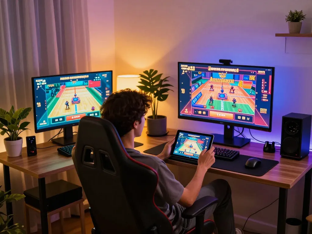 Mainkan permainan kasino online menggunakan aplikasi wbo77 dalam pengaturan rumah modern, menampilkan fokus permainan dan suasana.