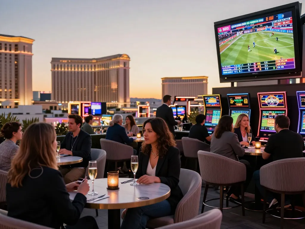 Tỷ lệ kèo nhà cái hôm nay revealed at vibrant Las Vegas casino terrace, patrons celebrating with sports betting.