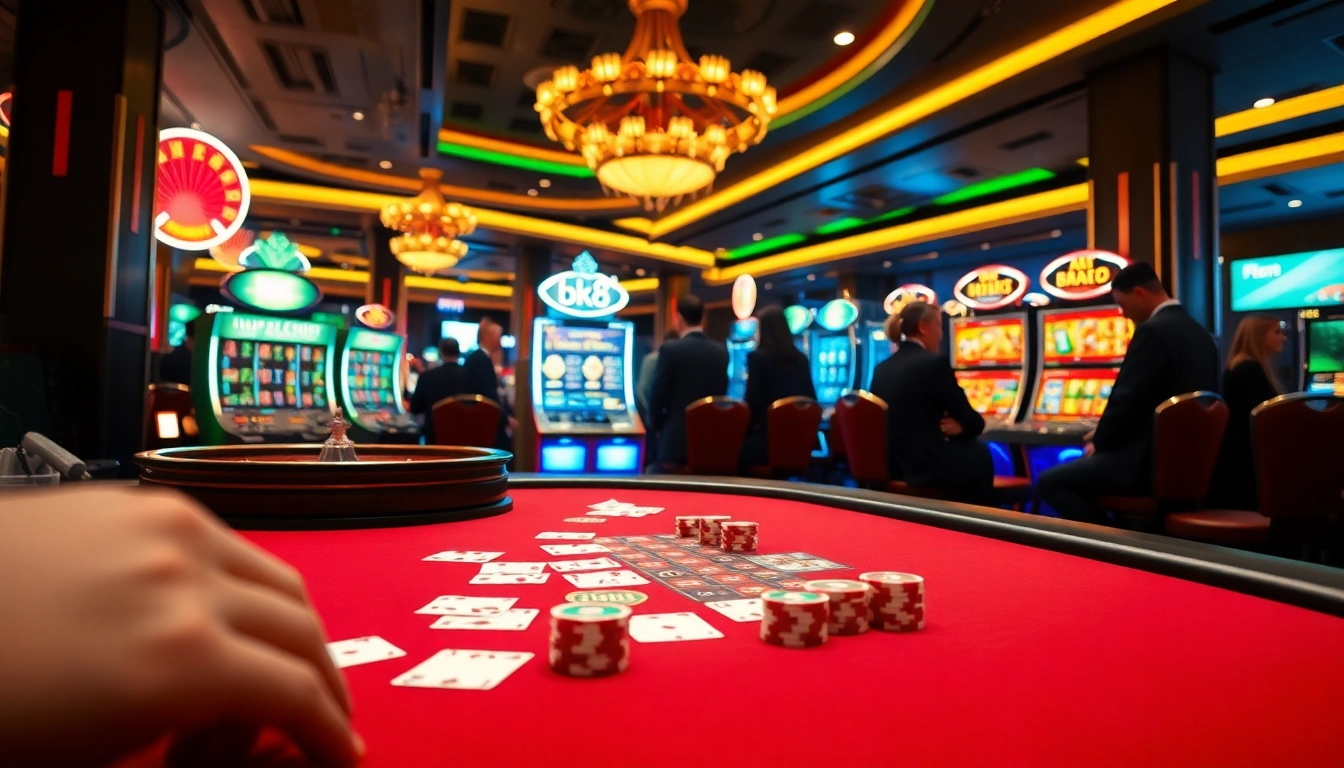 Experience the thrill of สมัครสมาชิก bk8 with this vibrant casino scene featuring gaming tables and exciting slot machines.