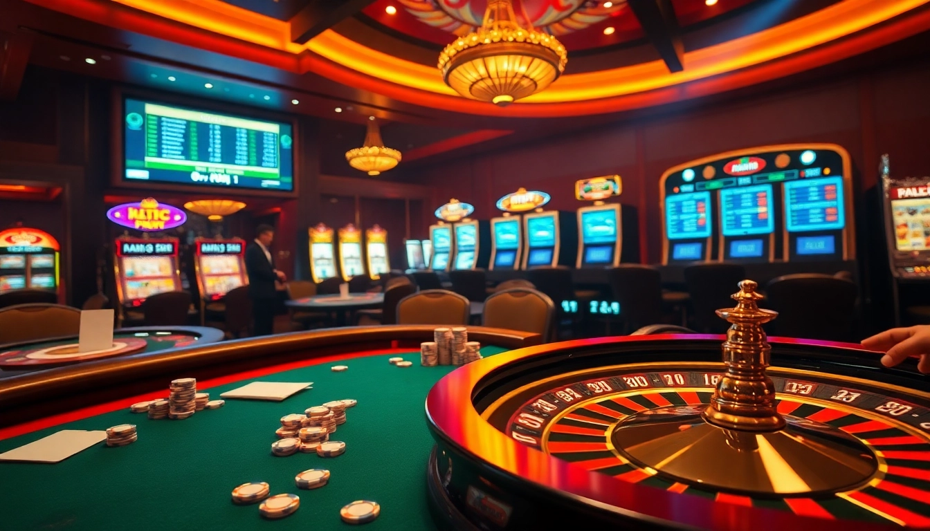 Experience the thrill of Ketquaxoso in an exciting casino scene with poker, roulette, and vibrant slot machines.