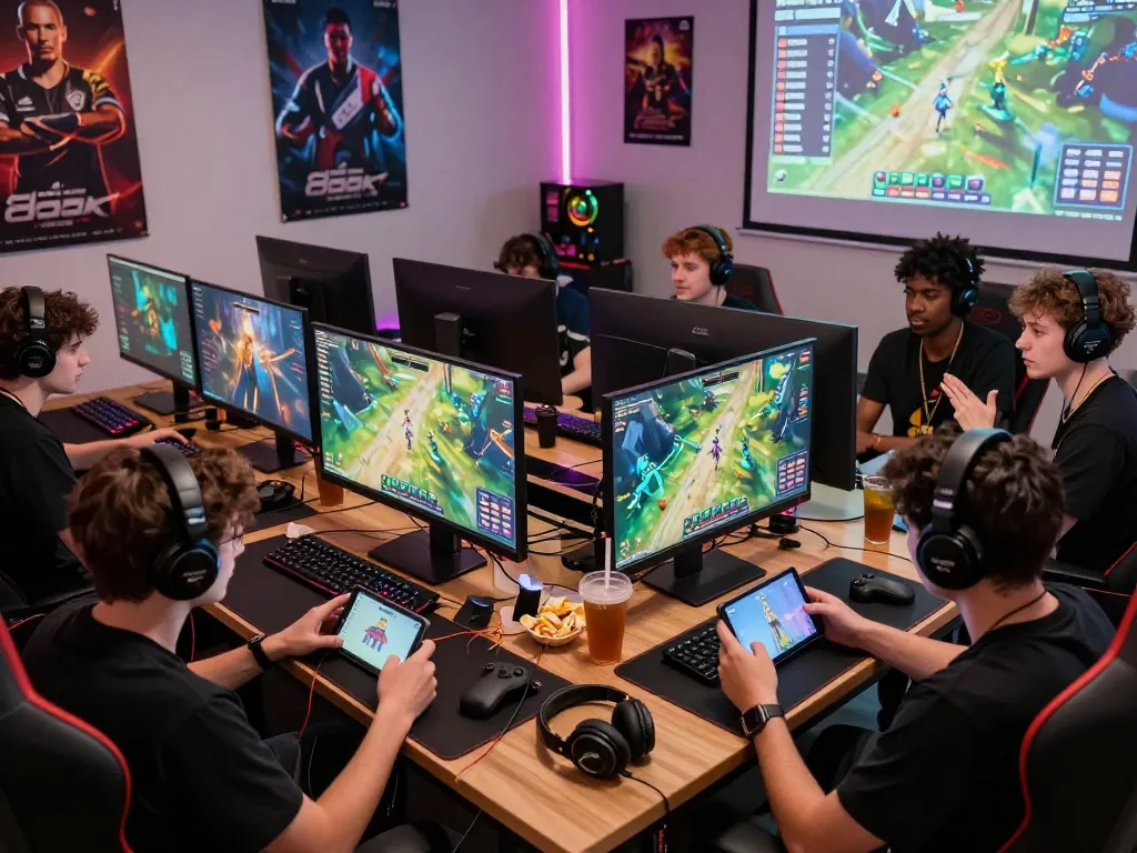 Players enjoying a competitive 88aa game experience in a vibrant gaming setup with screens and gaming gear.