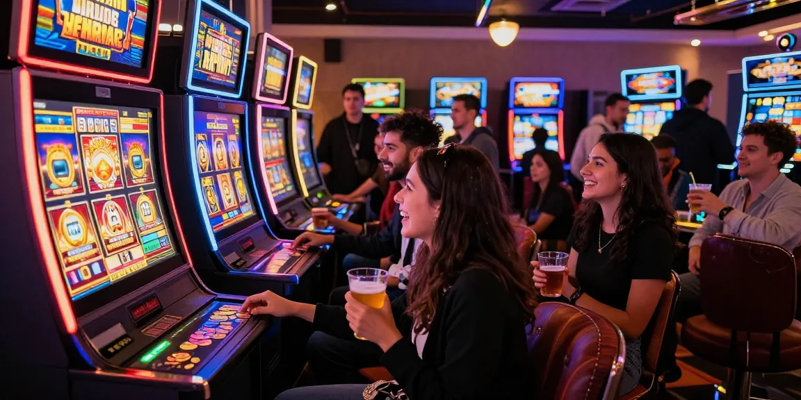 Friends enjoying a lively night at a casino slot machine, celebrating wins and sharing laughs.