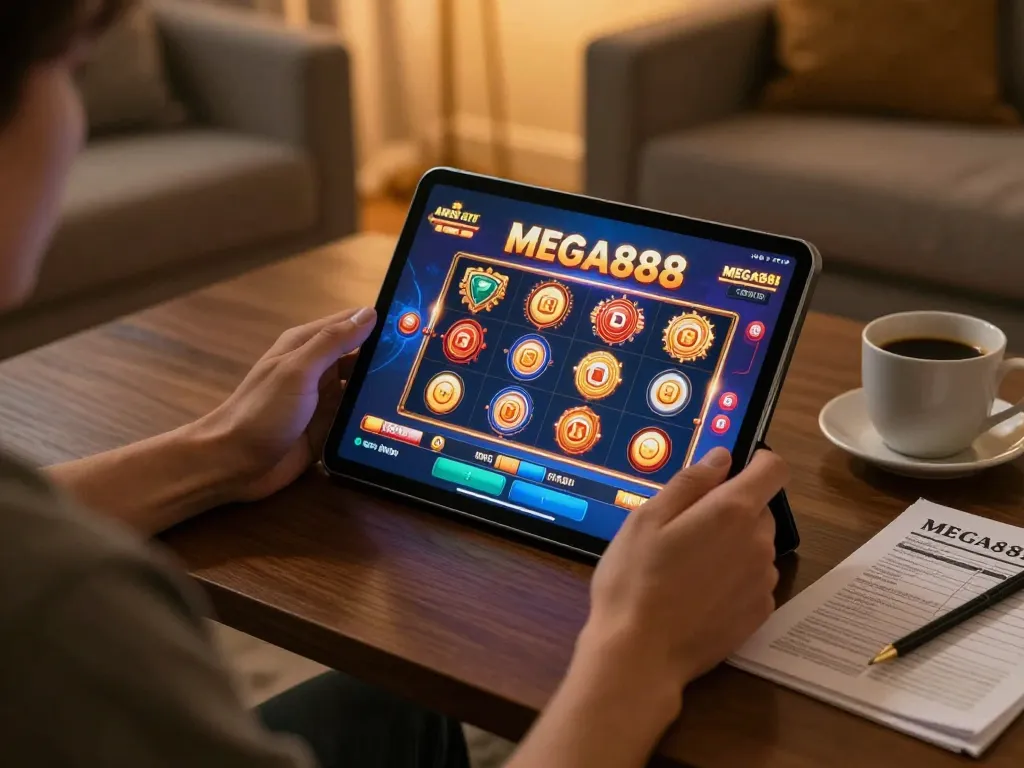 Experience MEGA888 gaming on a tablet in a cozy, strategic environment with ambient lighting