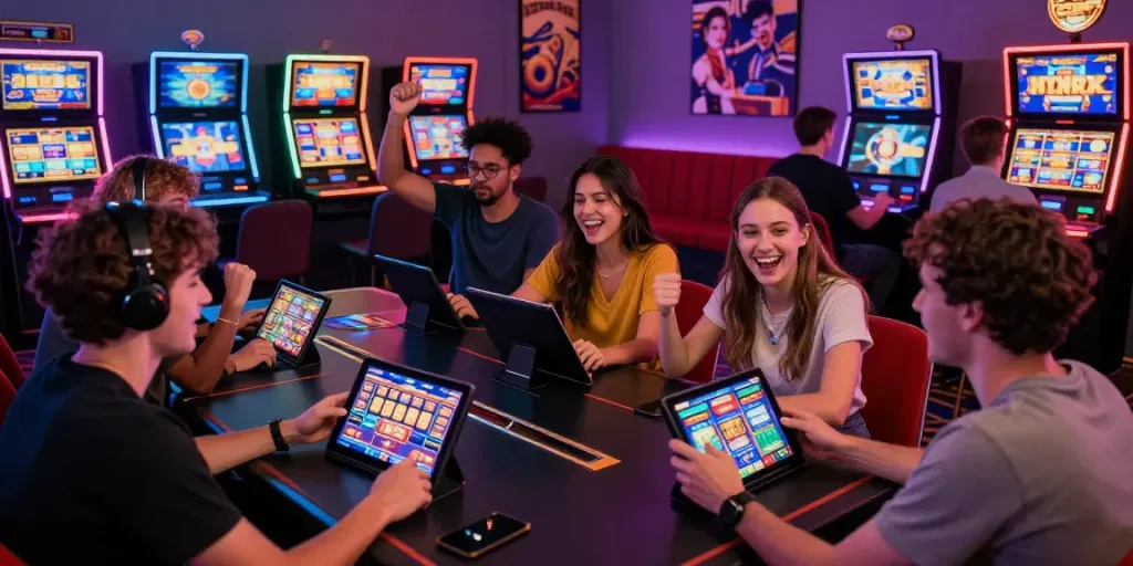 Friends enjoying akunjp online slot games in a vibrant gaming room.