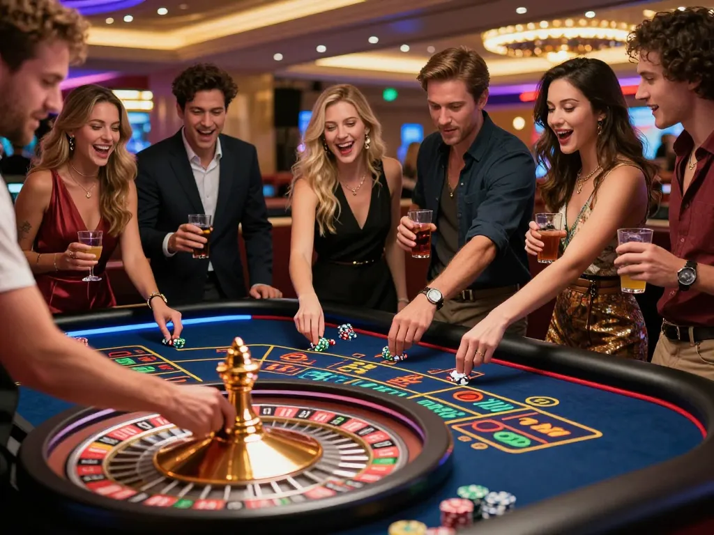 Players engaging in an exciting tr88 roulette game, bets placed, and thrilling suspense in a vibrant casino.