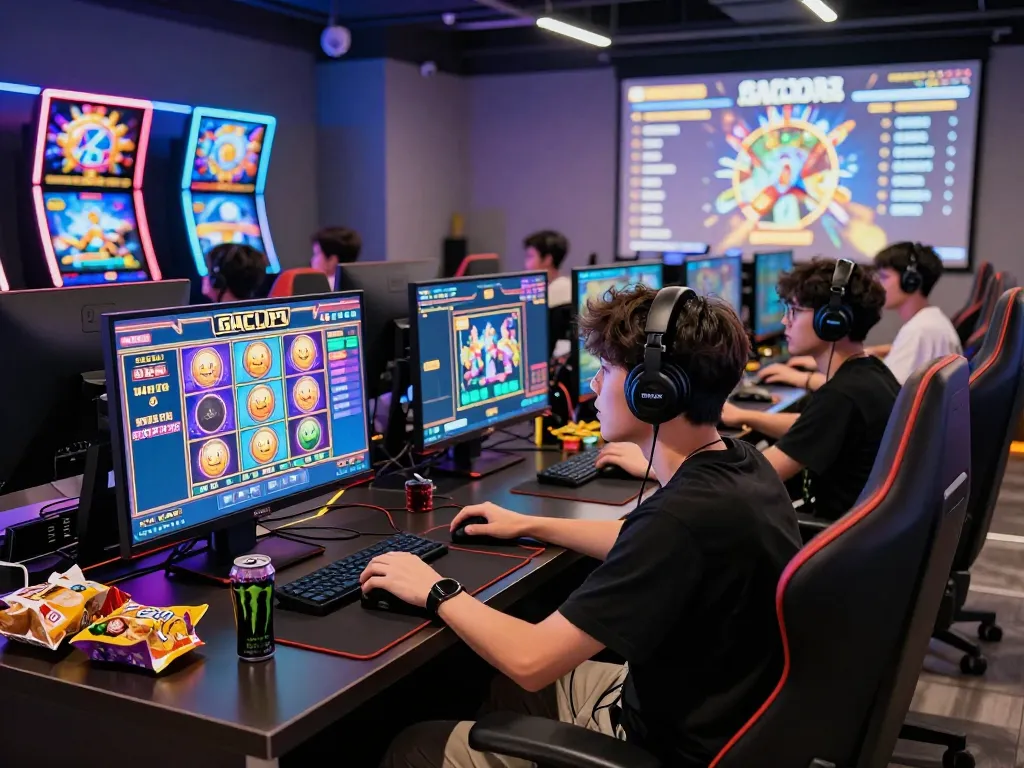 Exciting gaming lounge scene with players engaging in situs gacor slot games, showcasing lively atmosphere and tech-savvy equipment.