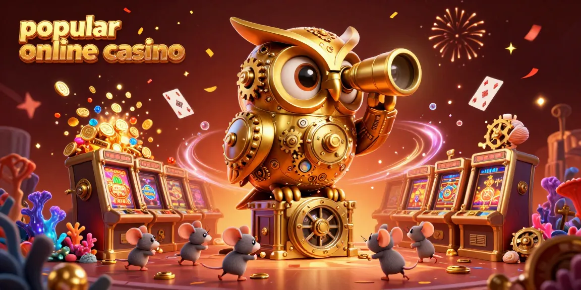 Experience the thrill of a popular online casino with golden owl and festive elements in a vibrant scene.