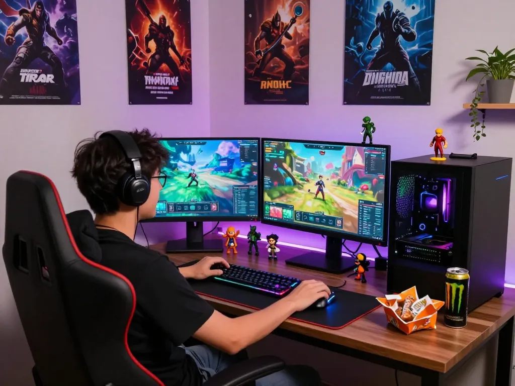 Gamer engaging with sunwin9 cocom on a dual-monitor setup, vibrant gaming atmosphere.