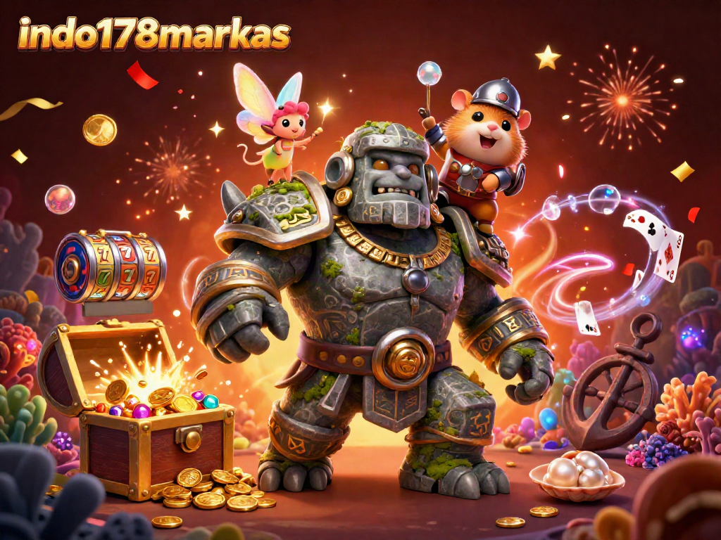 Engage with indo178markas in this vibrant 3D illustration featuring a mystical stone golem and magical elements.