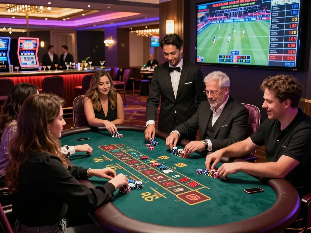 Diverse gamers enjoying af88 game at an upscale casino, with vibrant live dealer tables and sports betting screens.