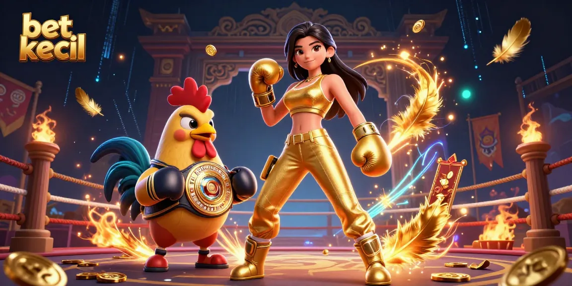 Engage in bet kecil slots with a championship rooster and athletic woman in a vibrant casino scene.