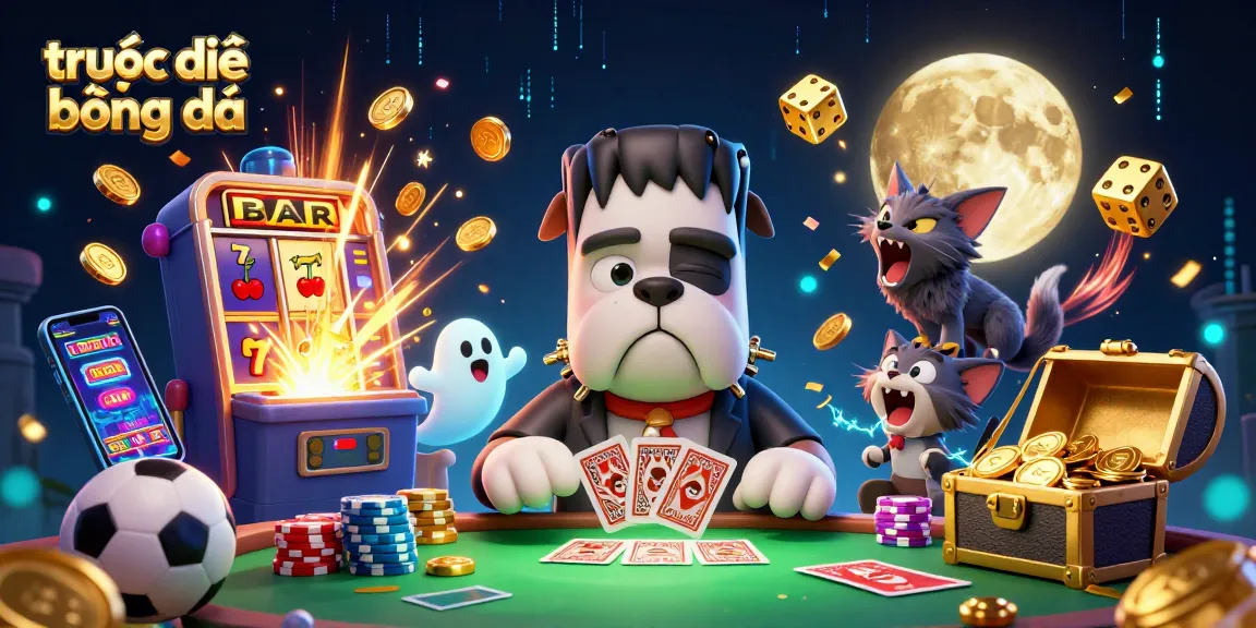 Experience trực tiếp bóng đá with a lively 3D illustration featuring a Frankenstein bulldog dealing cards.