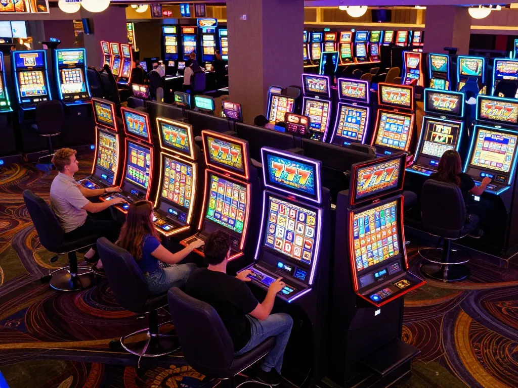 Players enjoying slot 777 games at a colorful casino slot machine area filled with excitement and flashing lights.
