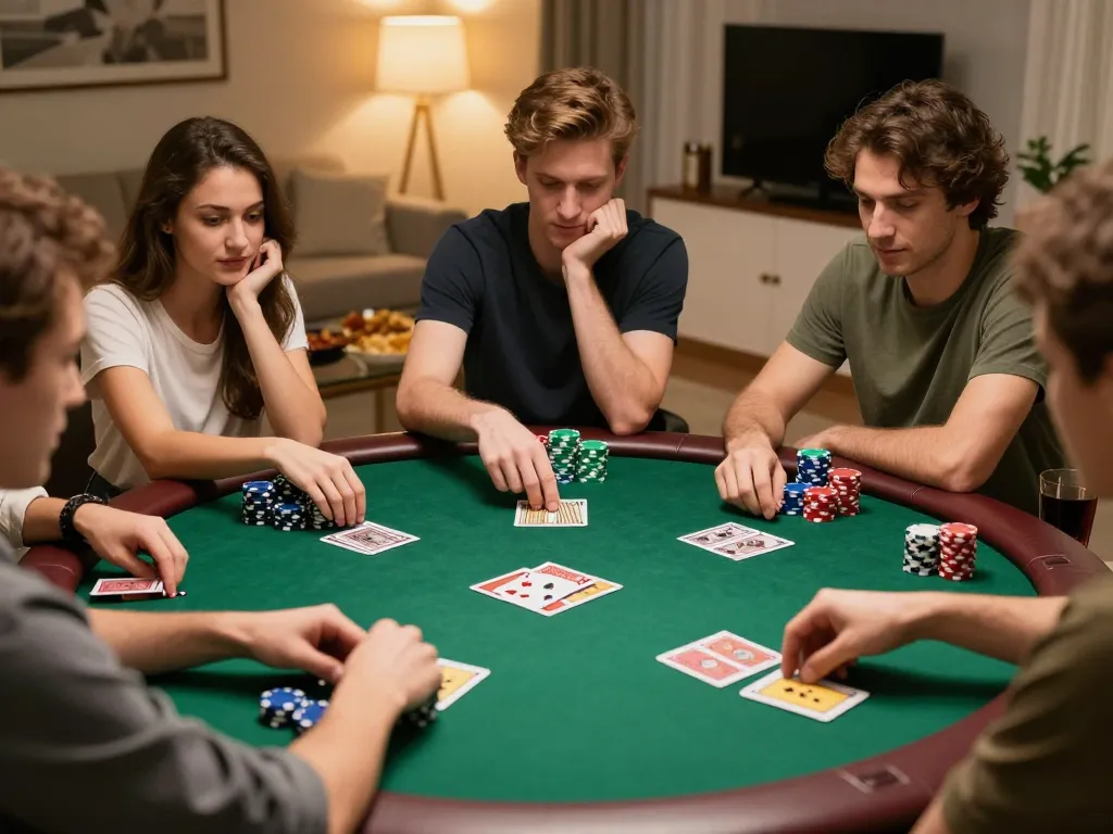 Friends playing poker in a dynamic home game night with RUANGWD strategy visible