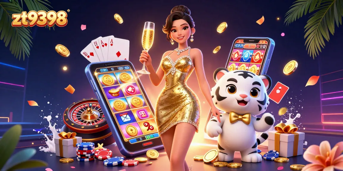 Join the excitement at zt9398 with a glamorous woman and a lucky tiger, surrounded by casino elements.