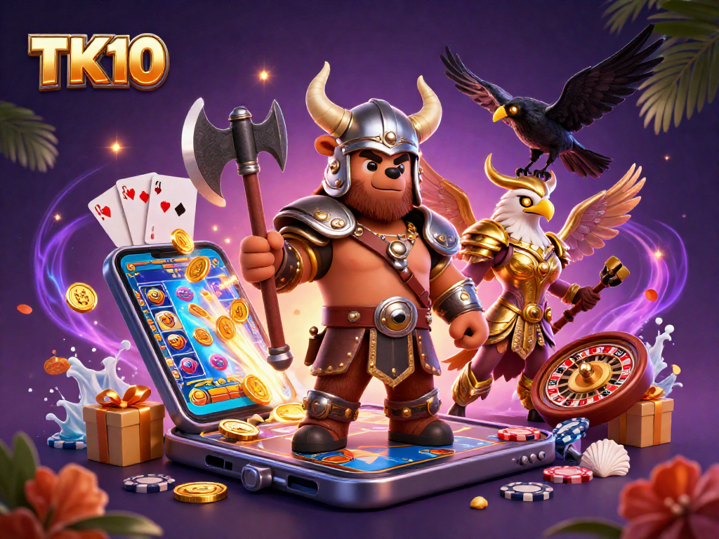 Experience thrilling gameplay with TK10's exciting online betting platform illustrated with vibrant characters and games.