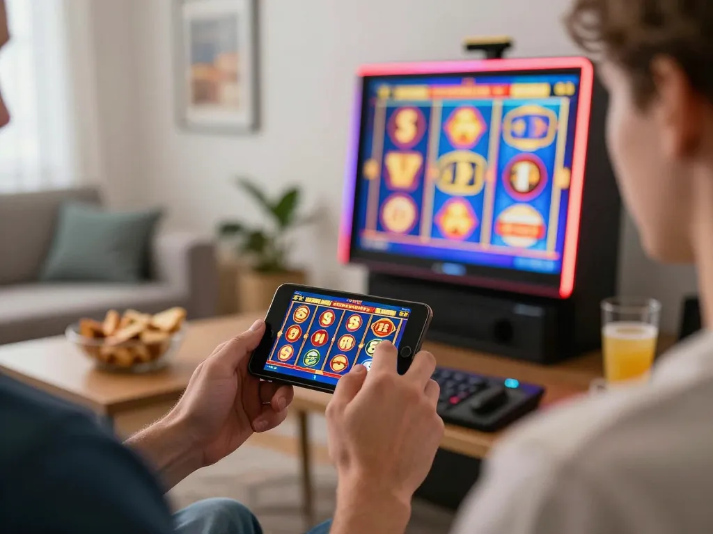 Engaging user playing slot gacor on mobile device amidst a cozy home setting, highlighting online gambling excitement.