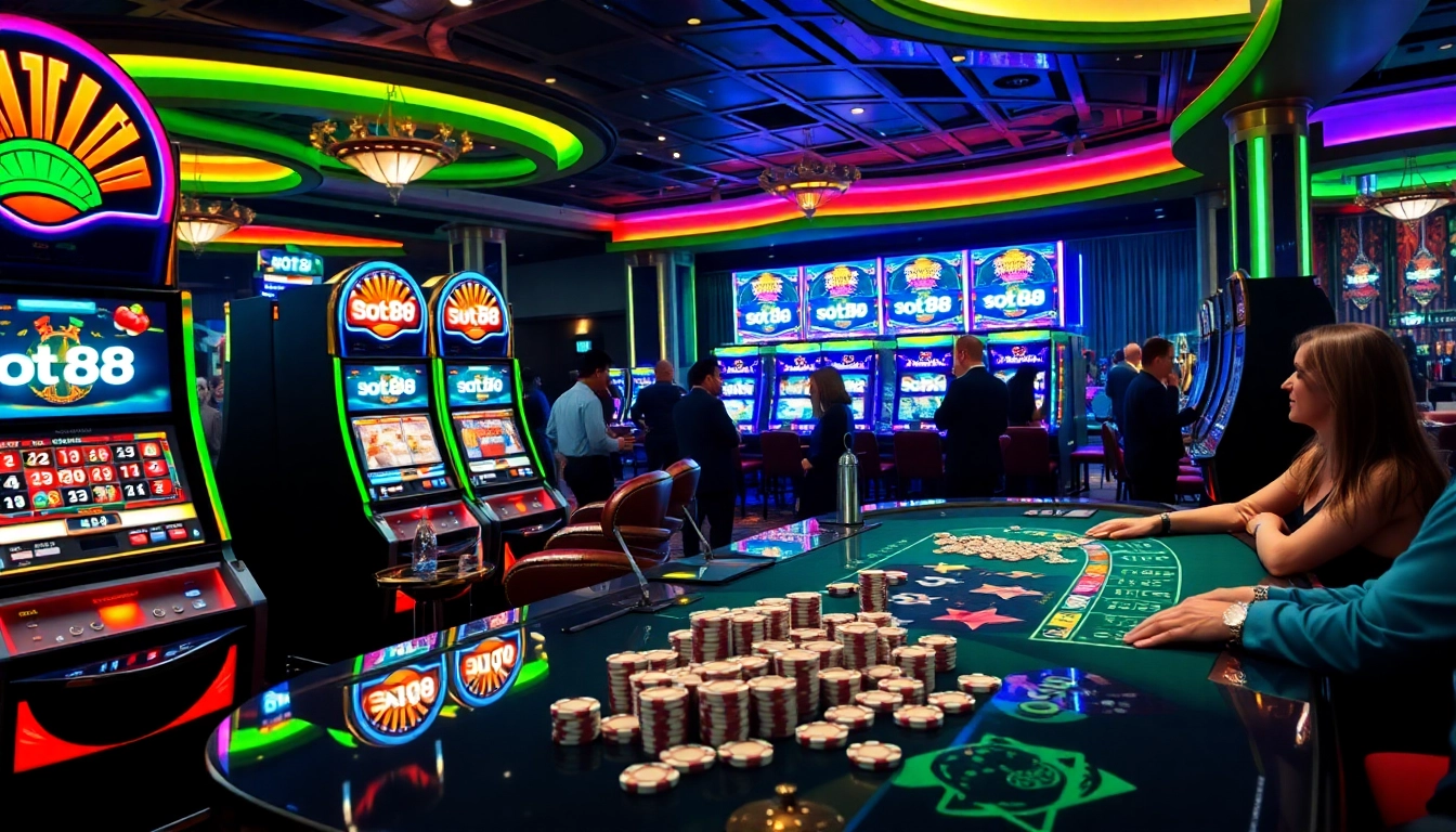 Players enjoy thrilling moments on slot88 machines in a luxurious casino setting.