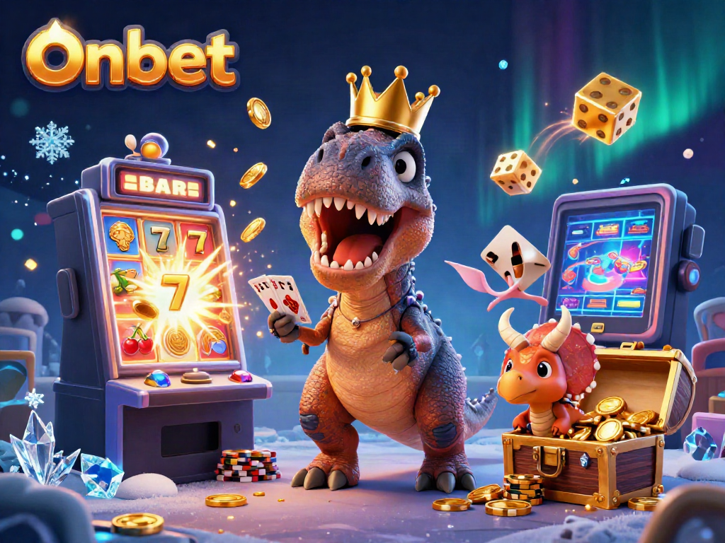 Onbet engages players with a vibrant 3D scene featuring a T-Rex shuffling cards and a jackpot explosion.