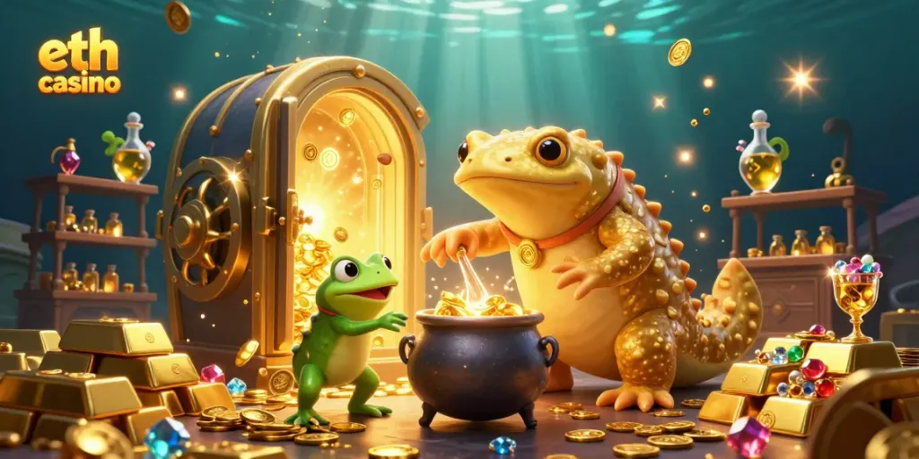 Experience winning gameplay at the eth casino with a vibrant 3D scene of gold and excitement.